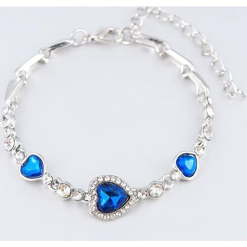 New Korean Fashion Jewelry Crystal Blue Heart Charm Bracelets & Bangles Pulseiras Blue Rhinestone Bracelets for Women 2021 New