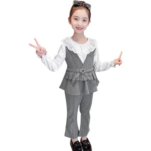 Girls Clothing Plaid Pattern Girls Outfits Blouse + Vest + Pants Tracksuit Girl Casual Style Childrens Tracksuits