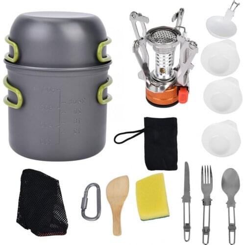 Outdoor Camping Cookware Set 1-2 People Picnic Cooking Pot Stove Kit Portable Outdoor Tableware With Foldable Spoon Fork