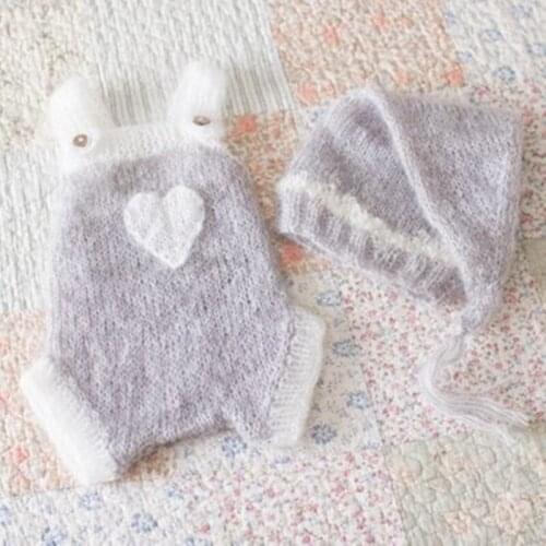 Gray newborn romper bonnet knitted costume sitter baby boy girl romper protography prop knit mohair romper hat set outfit