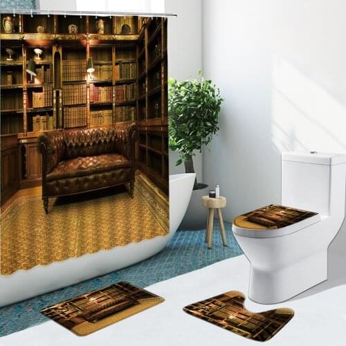 Vintage Library Books Bathroom Set Shower Curtain Non-Slip Rug Flannel Toilet Cover Bath Mat With Hooks Indoor Decor Washable