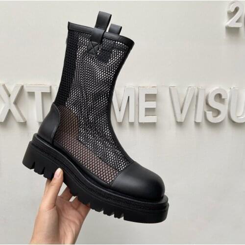 Osunlina 2021 Summer Ankle Boots Woman Round Toe Genuine Leather Flat With Platform Breathable Mesh Back Zipper Handmade Shoes