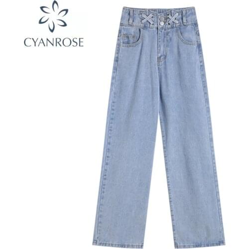 2021 Women Jeans High Waist Wide Leg Loose Bandage Fashion Casual Straight Baggy Pants Mom Denim Pants New Autumn Streetwear