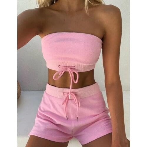 2 Piece Set Women Short Cute Pink Tube Top Shorts Suits Plus Size Casual Two Piece Outfits Top and Shorts Set Sexy Beachwear Xxl