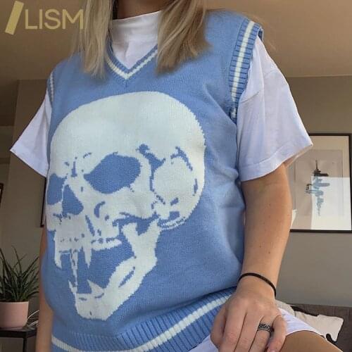 LISM Skulls Printing Vest Sleeveless Sweater Women Casual Spring Autumn Acrylic V-Neck Knitted Woman Pullovers Sweaters