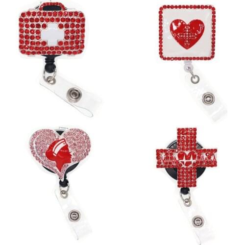 10pcs/lot Rhinestone Nurse Cross/ECG Shape Retractable ID Badge Holder Name Card Reel for Nurse