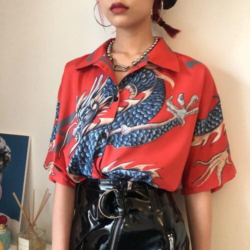 2020 Summer New Women Short Sleeve Turn-down Collar Dragon Print Loose Blouse Shirts Casual Office Lady Tops Shirt Blusas