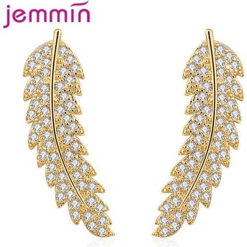 Authentic 925 Sterling Silver Leaf Leaves Clear CZ Zircon Stud Earrings for Women Girls Fashion Earrings Jewelry