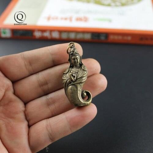 Pure Brass Guanyin Buddha Statue Vintage Key Chains Pendants Copper Bodhisattva Lucky Keychains Hanging Jewelry Keyrings Charms