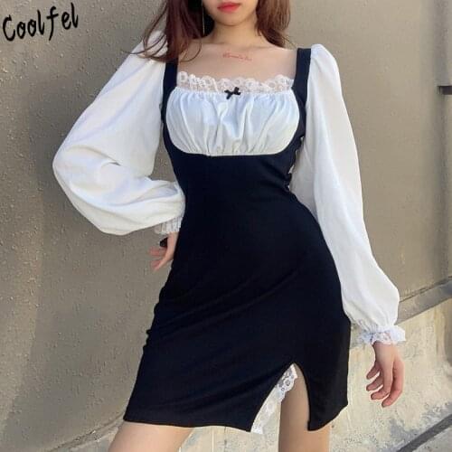 COOLFEL Japanese Gothic Lolita Dress Women Vintage Square Collar Long Sleeve Black Dress Party Lace Maid Dress