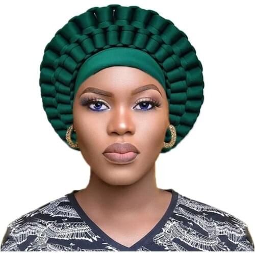 2021 African Aso Oke Headtie Turban Hat for Women Ready to Wear Auto Gele Female Head Wraps Muslim Caps Nigerian Wedding Gele