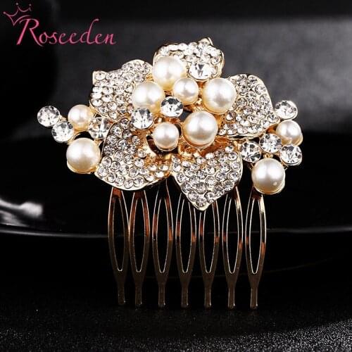Flower Rhinestones Pearl Bridal Hair Combs For Women Rhodium Plated Crystal Wedding Hair Accessories Jewelry 2colors RE3390