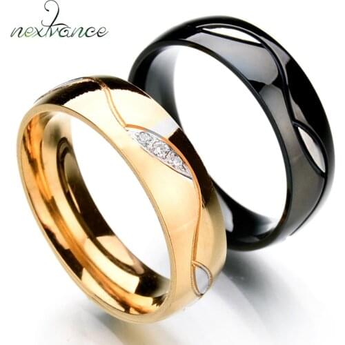 Nextvance Wave Line Rhinestone Couple Ring Gold Black Engagement Band Rings For Lover Valentines Day Gift Bague