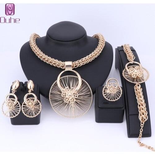 Necklace Earrings Bracelet Ring Flower Designed Jewelry Sets For Women Wedding Bridal Party Accessories Dubai Pendant Set