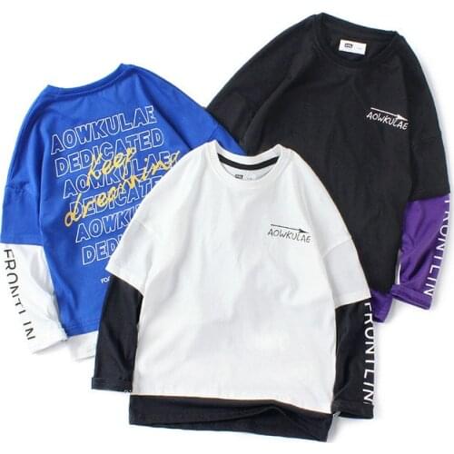 Fashion Teens Boys Girls T-shirt New Cotton Letter Splicing Long Sleeve T Shirt Fake Two Pieces Kids Tops For 6 8 10 12 14 Years