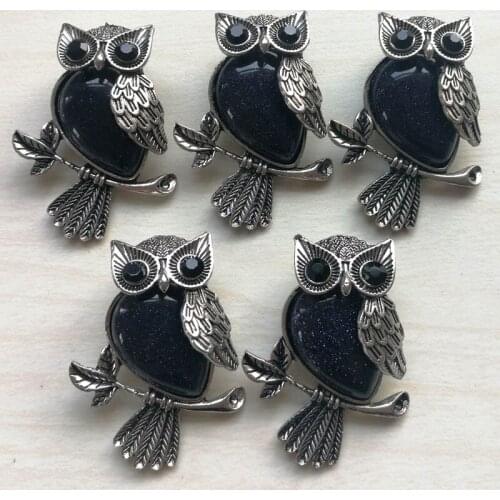 Fashion blue sand Vintage Owl Necklace Pendant charm cute Natural Stone Pendant For Women Reiki Jewellery gift 12pcs wholesale