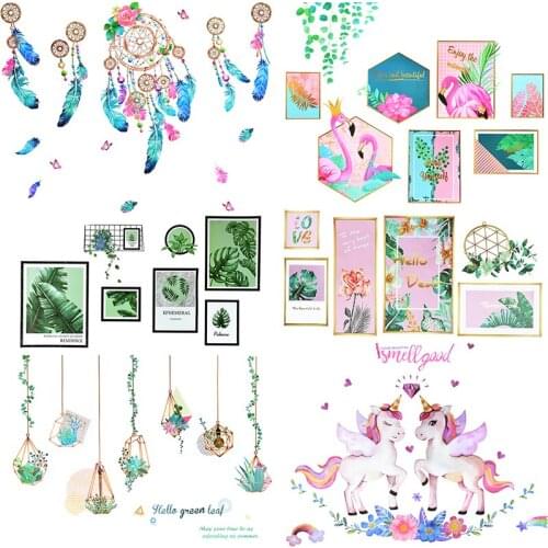 Cartoon Unicorn Wall Sticker Flamingo Tropical Plant Green Leaves Sticker for Bedroom Living Room DIY PVC Wall Decal Door Murals