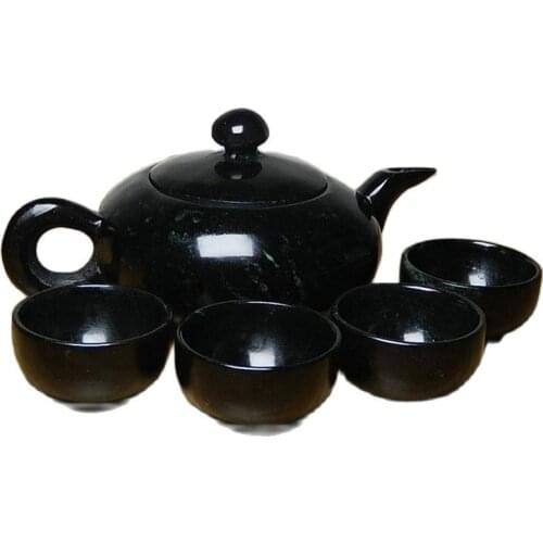 Natural dark green jade living magnetic jade teapot wine pot health jade wine cup tea cup set jade pot