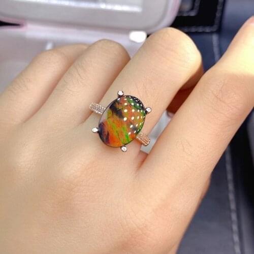 New Coming Luxury100% Natural and real Ammolite ring F 925 sterling silver Fine gem Ammonite Ring