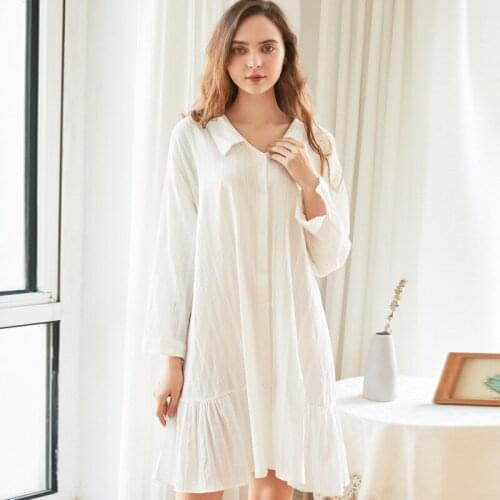 Europe America Leisure Sexy Nightwear Lapel Boyfriend Shirt Nightgown Cotton Jacquard Long-Sleeved Nightdress Loose Night Dress