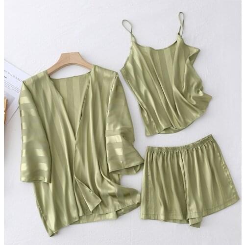Pajamas Womens Summer Sexy Silk Suit Suspender Shorts Robe Three Piece Court Style Nightdress