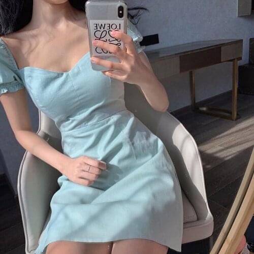Dress Women Green Mini V-neck Lantern Sleeve Vintage Sweet Korean Style Sexy Club Party Fashionable Slim High Street Chic Retro
