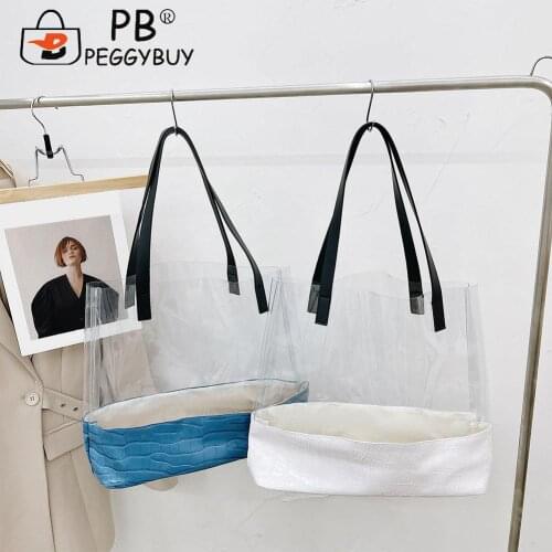 Transparent Travel Shoulder Bag Teenager Large Capacity Retro Women Patchwork Transparent Stone Pattern Large Tote