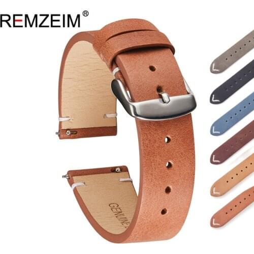 REMZEIM Genuine Leather Watchband Quick Release Watch Band Wrist Strap 18mm 20mm 22mm With Silver Steel Buckle 6 Colors