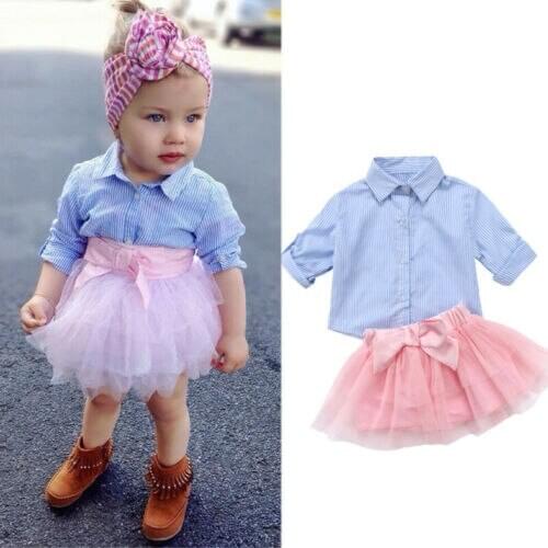 2PCS Fashion Summer Kid Baby Girls Denim Long Sleeve Striped Shirt Tops Tutu Mesh Skirt Outfits Clothes Summer Sets