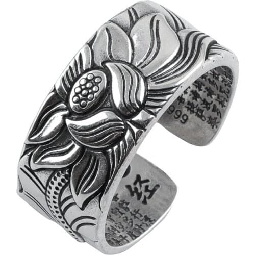 S990 Retro Thai Silver Craft Heart Scripture Silver Ring Female Silver Jewelry Silver Ring