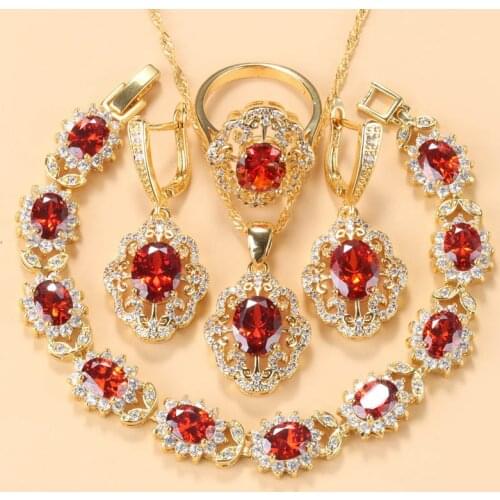Dubai Gold Colors Wedding Accessories AAA+ Red Garnet Bridal Jewelry Sets For Women Charm Bracelet And Ring Sets