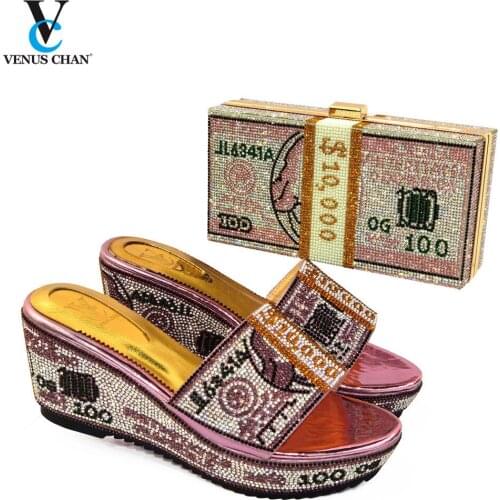 Ladies Newest Pink Color Italian 2021 Design Nigerian Shoes and Bag Set Decorated With Rhinestone for Party Slippers