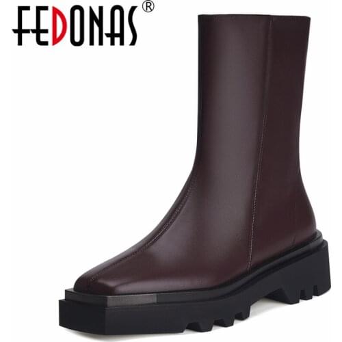 FEDONAS Concise Fashion Women Ankle Boots Autumn Winter Square Toe Platforms Top Quality Genuine Leather Thick Heels Shoes Woman