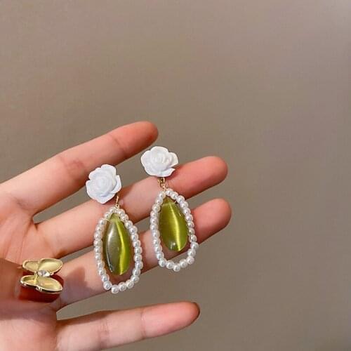 Retro Elegant Imitation Pearl Green Opal Water Drop Earring For Women Fashion Korean Resin Flower Dangle Boucle D'oreille bijoux