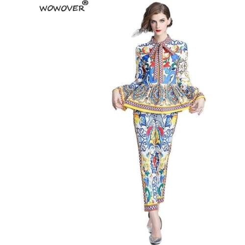 Spring Autumn Fashion Runway Suit for Women Elegant Flare Sleeves Bow Collar Print Shirt and Pants 2 Piece Clothing Matching Set