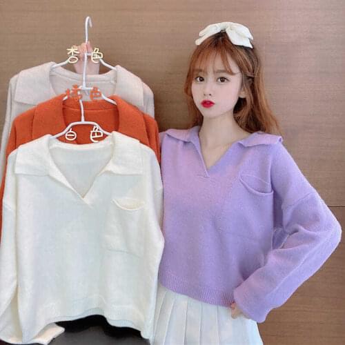 Womens autumn knitted sweater 2021 autumn and winter new Korean loose polo collar pullover sweet wild long sleeve sweater women