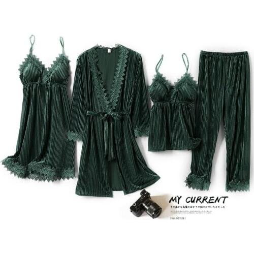 Lady Velour SEXY Kimono Bathrobe Gown 4PCS Robe Suit Casual Soft Sleepwear Homewear Autumn Winter Velvet Nightgown Nightdress