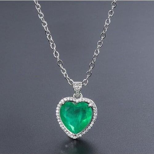 QTT Temperament Womens Fashion Choker Necklace Heart Emerald Tourmaline Gemstone Pendant Necklace Silver Jewelry Wedding Party
