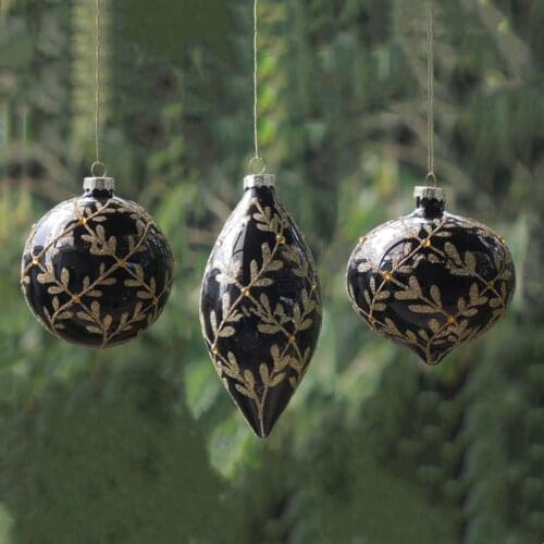 12pcs/pack Diameter=8cm Onion Shaped Black Series Hand Painting Glass Pendant Christmas Day Hanging Ornaments Tree Decorative