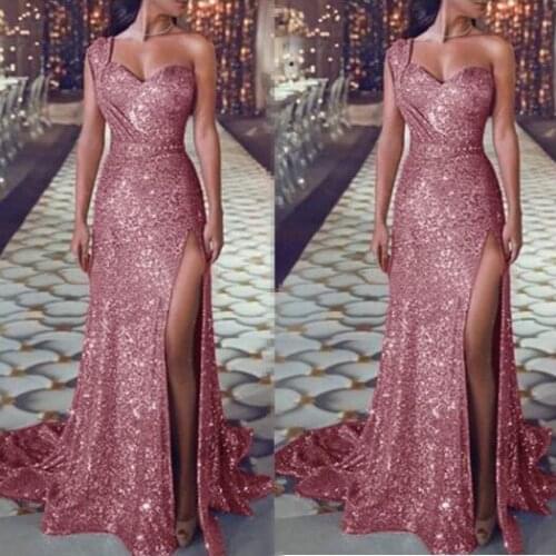 2021 Explosion Models European And American Dresses Women Elegant And Sexy One-shoulder Sleeveless Bronzing Dress Split Dress Wo