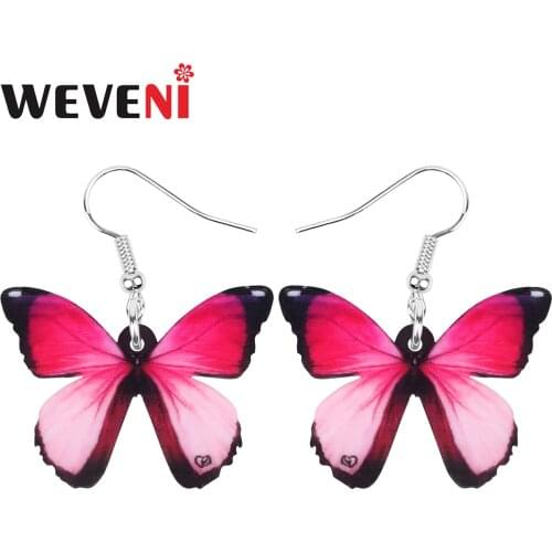 WEVENI Acrylic Red Morpho Butterfly Insect Earrings Long Smooth Animal Dangle Drop For Women Kid Girl Spring Trendy Gift Jewelry