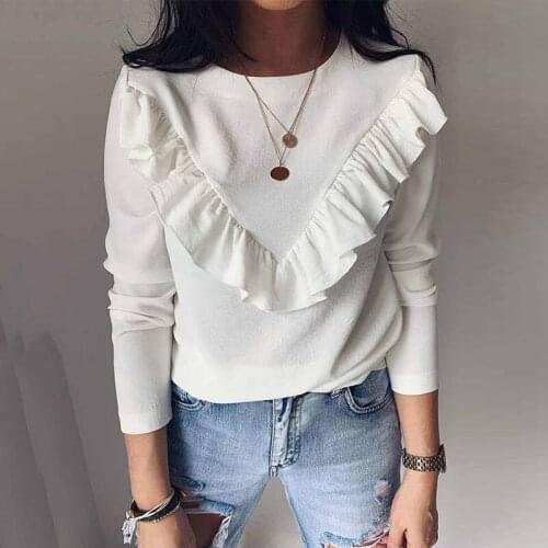 Ruffles Patchwork Sweet Women Autumn Tops Loose Casual Shirts Long Sleeve O Neck Office Ladies White Black Khaki Female Blouses