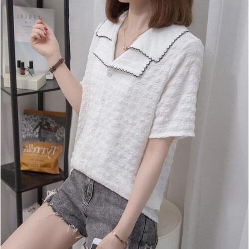 Summer Chiffon Women Blouses Fashion Shirts White Double collar Loose Tops Short Sleeve 3D Casual Blusas MM0234