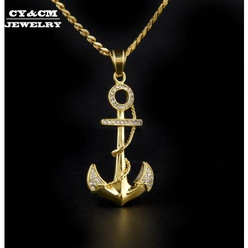 Gold Silver Color Cross Anchor Stainless Steel Iced Out Rhinestone Metal Bling Pendant Necklace Chain Hip hop Men Women Jewelry