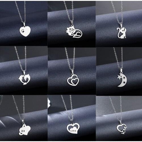 Fashion Stainless Steel Heart Cat Moon And Star Pendant Chain Necklace For Women Men Valentines Day Present Necklaces Jewelry