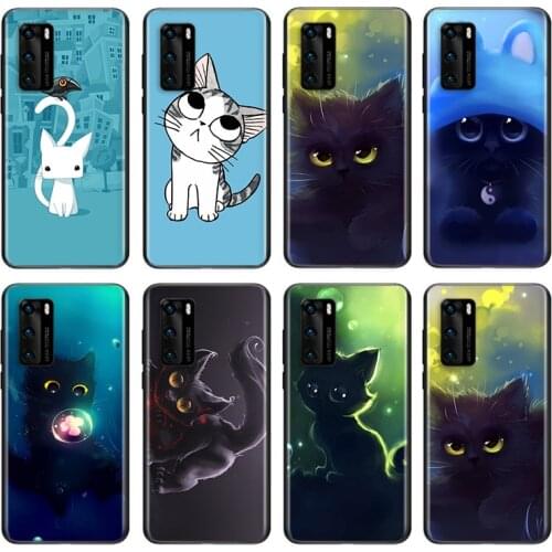 Cute cat cartoon Soft TPU For Huawei P50 P40 P30 P20 Pro Plus P10 P9 P8 Lite RU E Mini 2019 2017 Black Phone Case