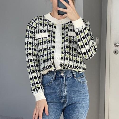 Colorfaith New 2021 Womens Autumn Winter Sweaters Fashionable Elegant Cardigans Checkered Vintage Knitted Lady Tops SWC3027JX
