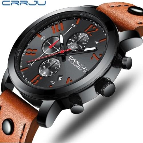 Mens Watches Chronograph Watch New Fashion CRRJU Top Brand Luxury Watch Military Quartz Watch Leather Waterproof Sport Men Watch