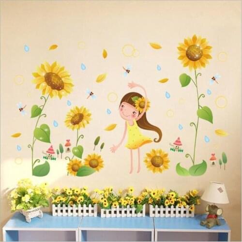 Colorful Sunflower Girl Wall Sticker Yellow Flower on The Wall Decals for Bedroom Living Room Decoration Removable Home Decor