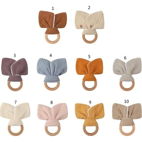 Baby Wooden Ring Teether Soft Cotton Rabbit Ear Comforting Toy Teething Sensory Rattle Shower Gift for Infants Newborn